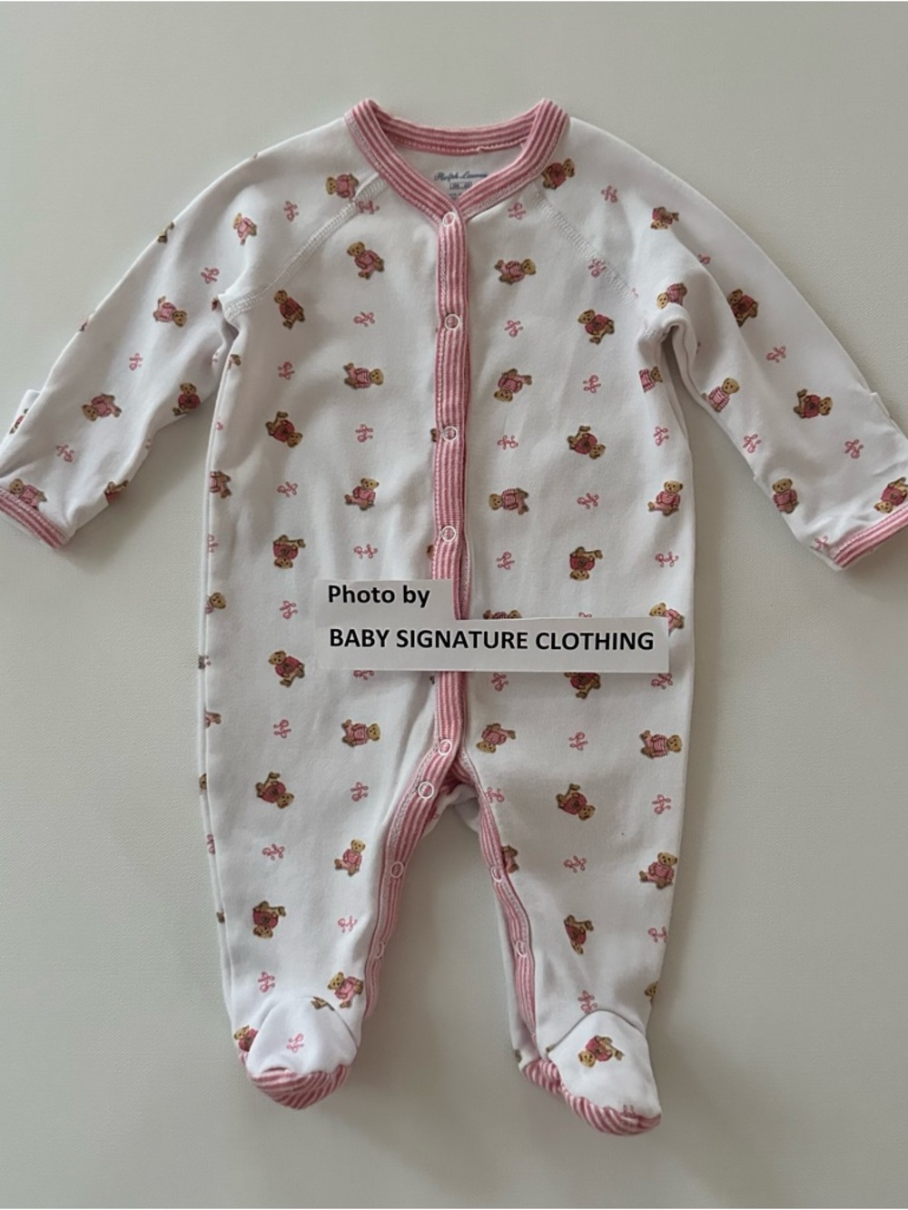 Ralph Lauren 3 Months Baby Girl White Pink Footed One-Piece Footie Teddy Bear